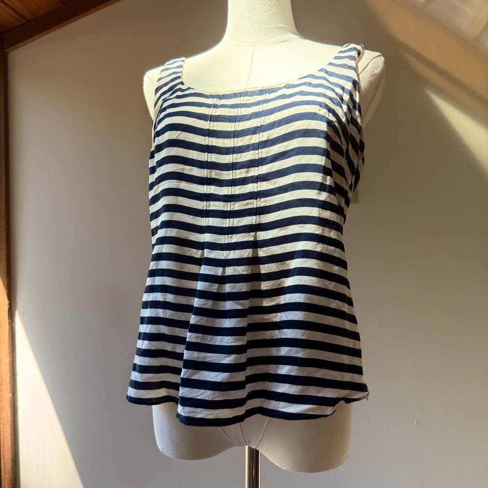 Akris Silk Navy Striped Pleated Tank Top with Side Zip